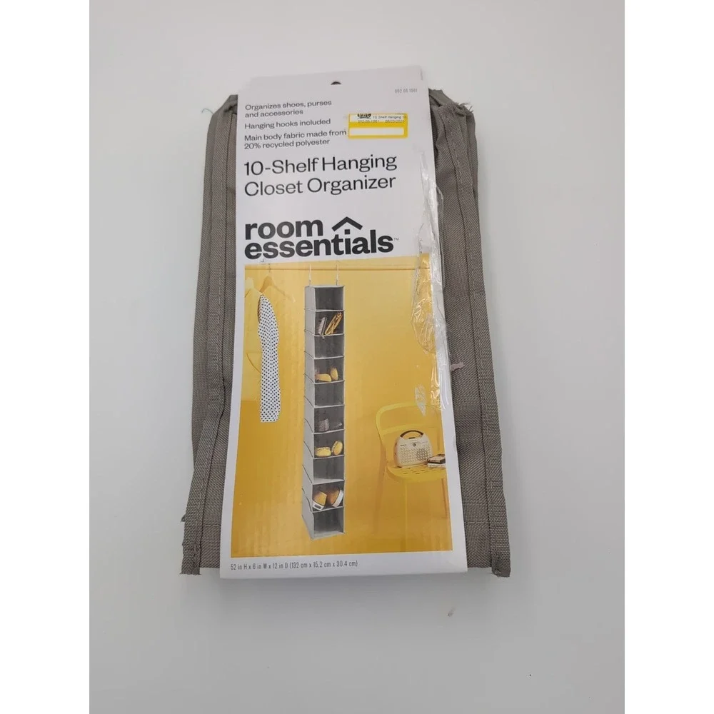 10 Shelf Hanging Closet Organizer Gray Canvas with Hanging Hooks Room Essentials